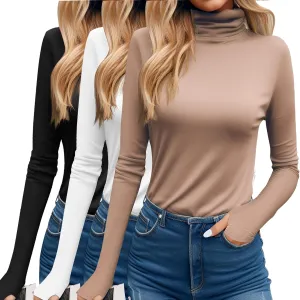Riyiper 3 Pack Women's Turtleneck Shirts, Long Sleeve Slim Undershirts Lightweight Thumb Holes T Shirts Basic Active Tops