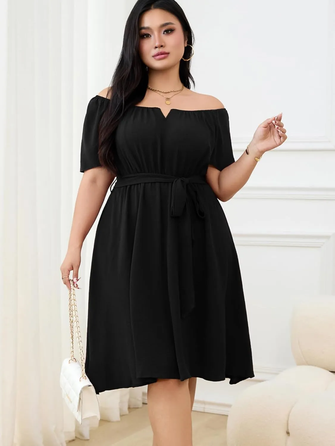 RWJ Plus Size Women Formal Dress V Neck Short Sleeve Mini Wedding Cocktail Party Dresses with Belt