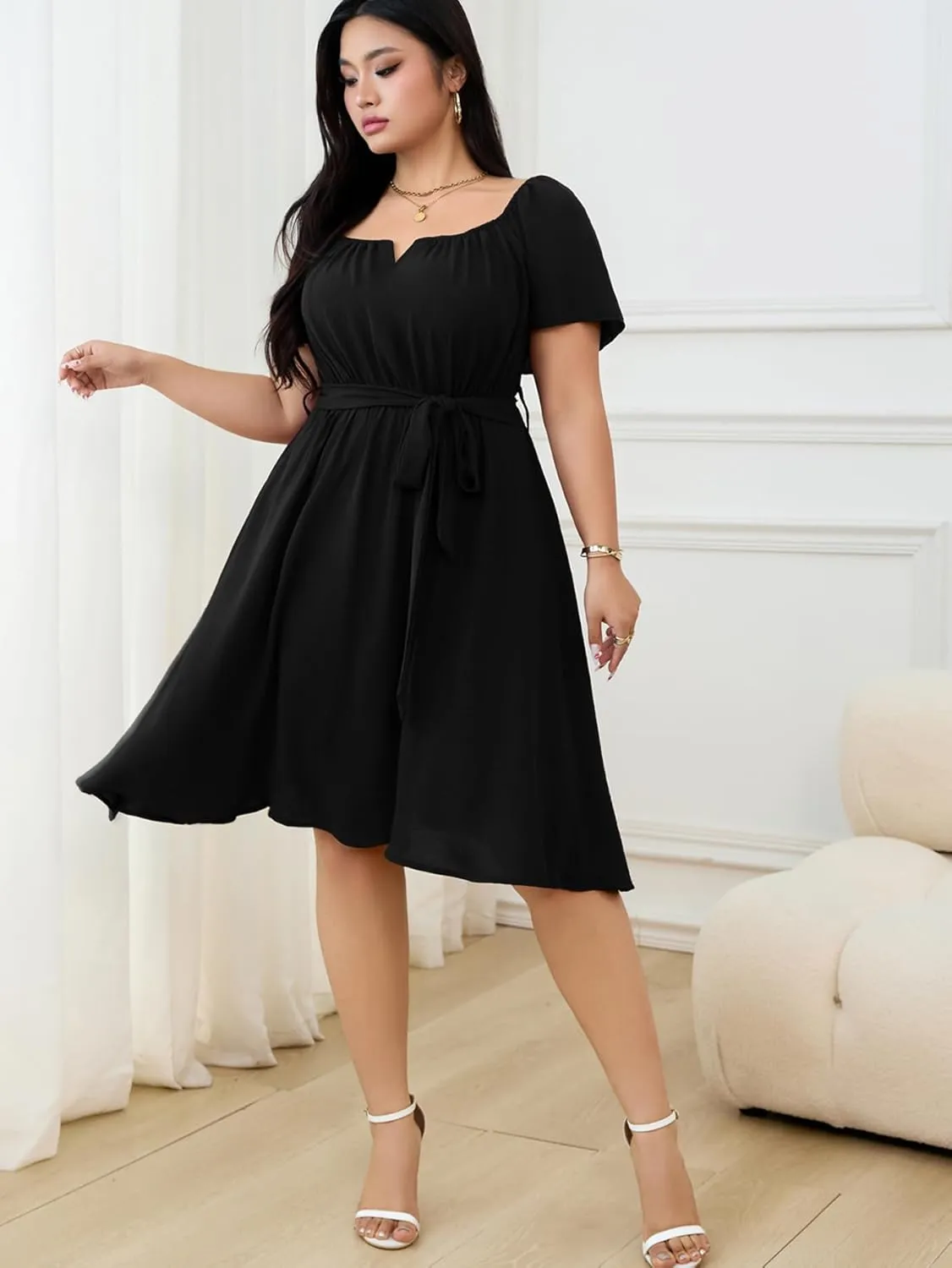 RWJ Plus Size Women Formal Dress V Neck Short Sleeve Mini Wedding Cocktail Party Dresses with Belt