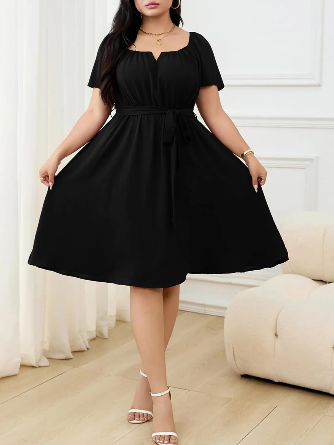 RWJ Plus Size Women Formal Dress V Neck Short Sleeve Mini Wedding Cocktail Party Dresses with Belt