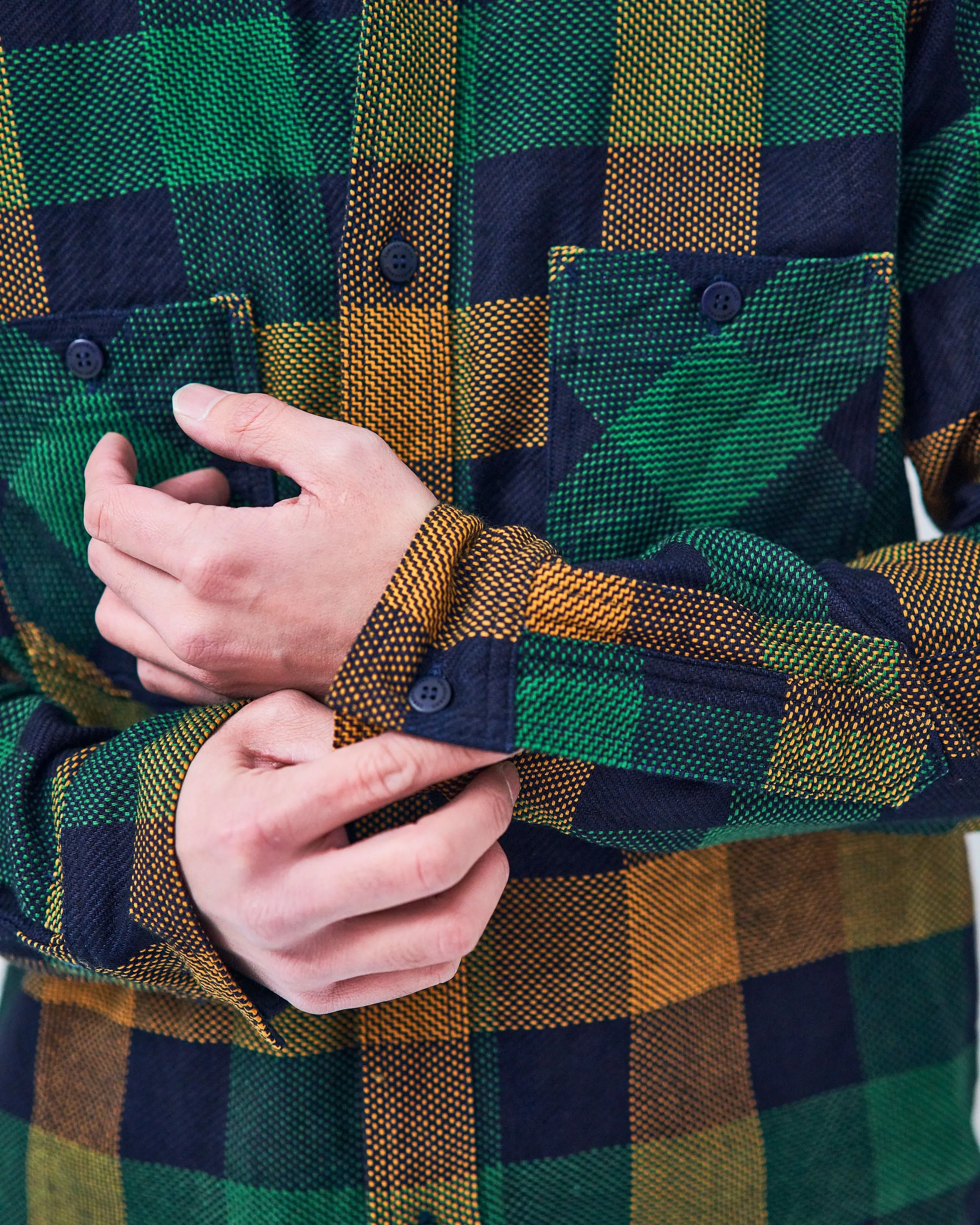 Samurai Jeans SIN24–01W Rope-Dyed Indigo Heavy Flannel Work Shirt (Western Cut) - Indigo / Orange