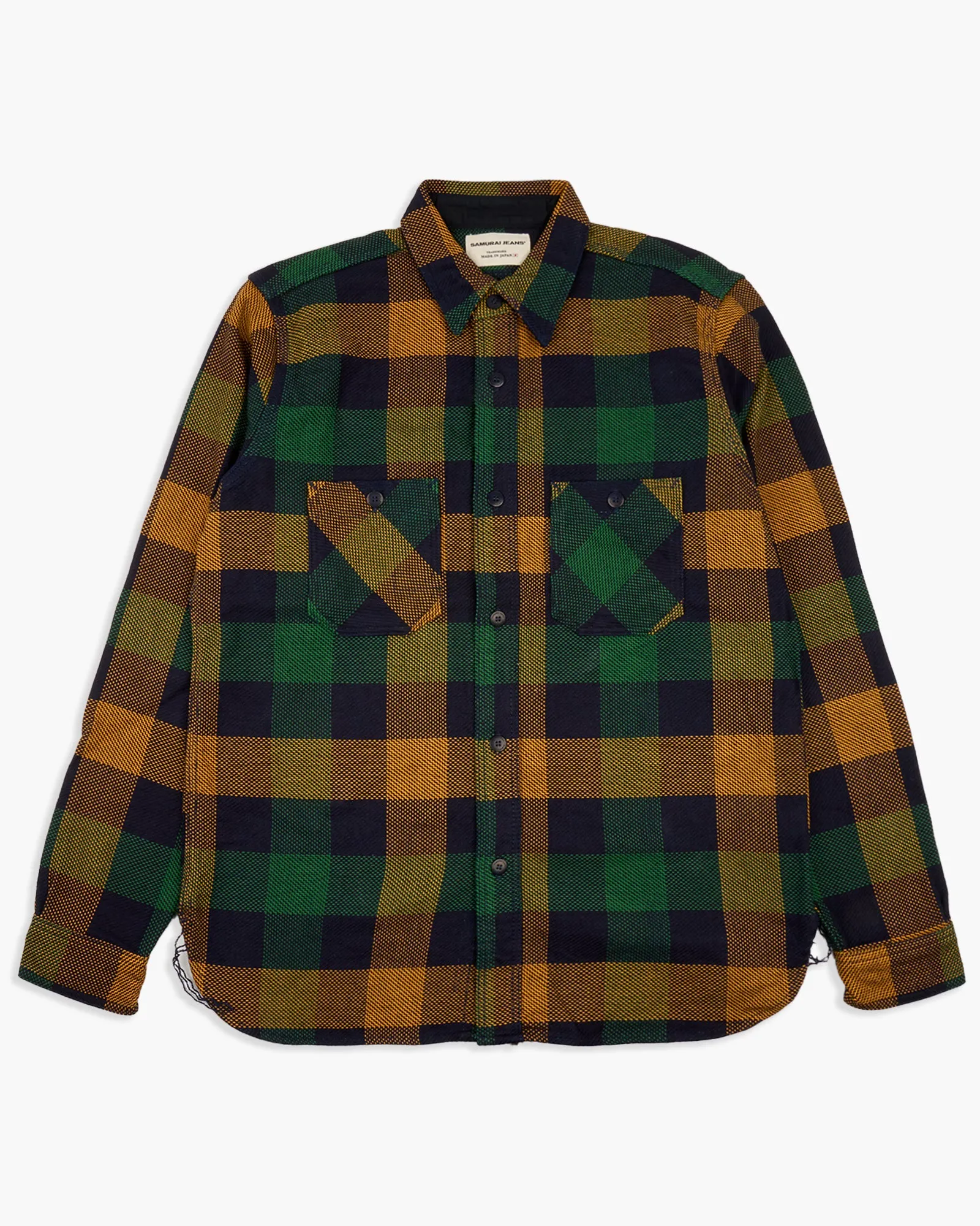 Samurai Jeans SIN24–01W Rope-Dyed Indigo Heavy Flannel Work Shirt (Western Cut) - Indigo / Orange
