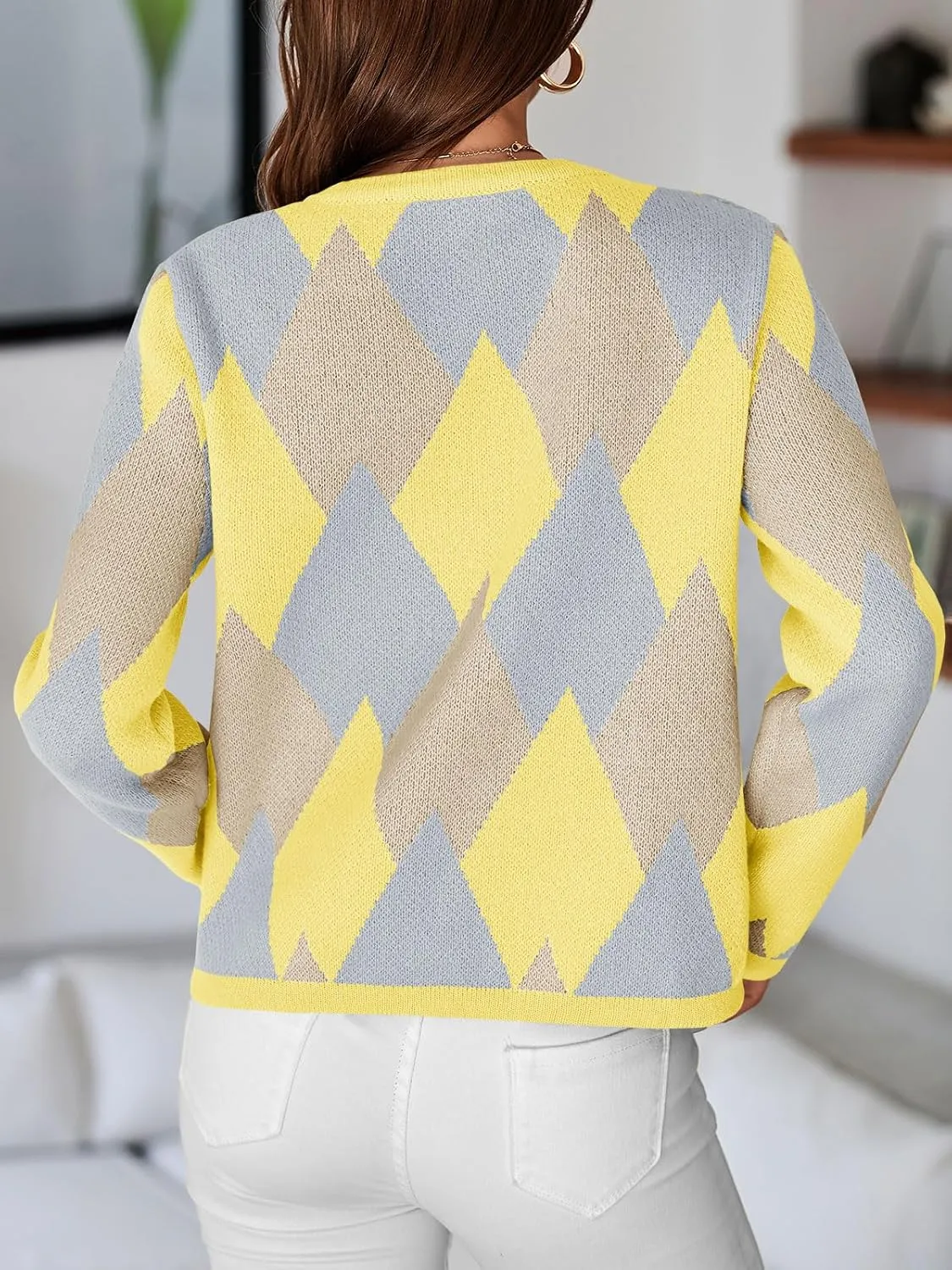 Saodimallsu Womens Color Block Cardigan Button Down Crewneck 2024 Fall Trendy Open Front Long Sleeve Sweater Jacket