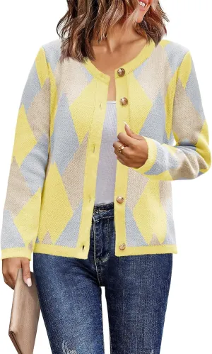 Saodimallsu Womens Color Block Cardigan Button Down Crewneck 2024 Fall Trendy Open Front Long Sleeve Sweater Jacket