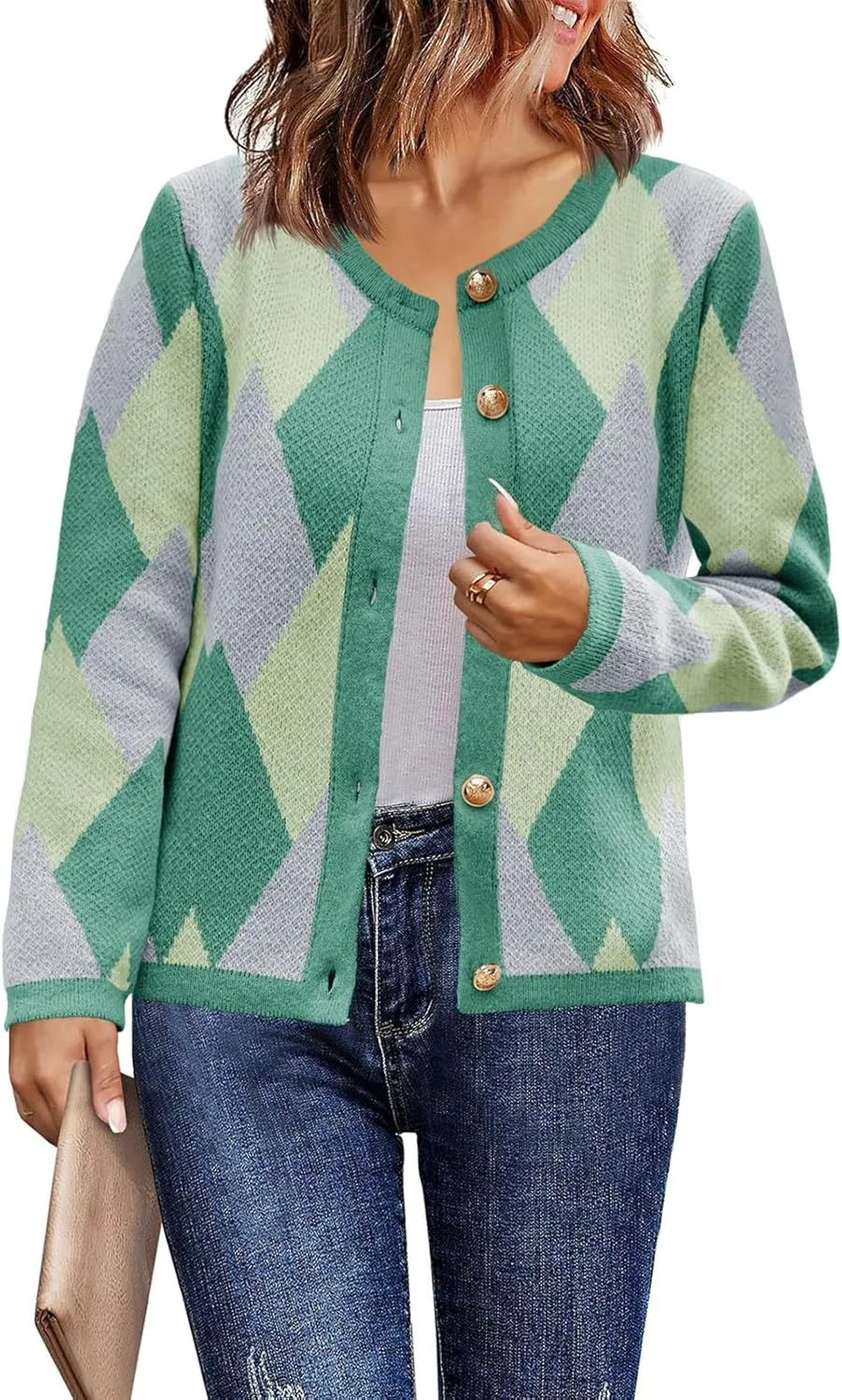 Saodimallsu Womens Color Block Cardigan Button Down Crewneck 2024 Fall Trendy Open Front Long Sleeve Sweater Jacket