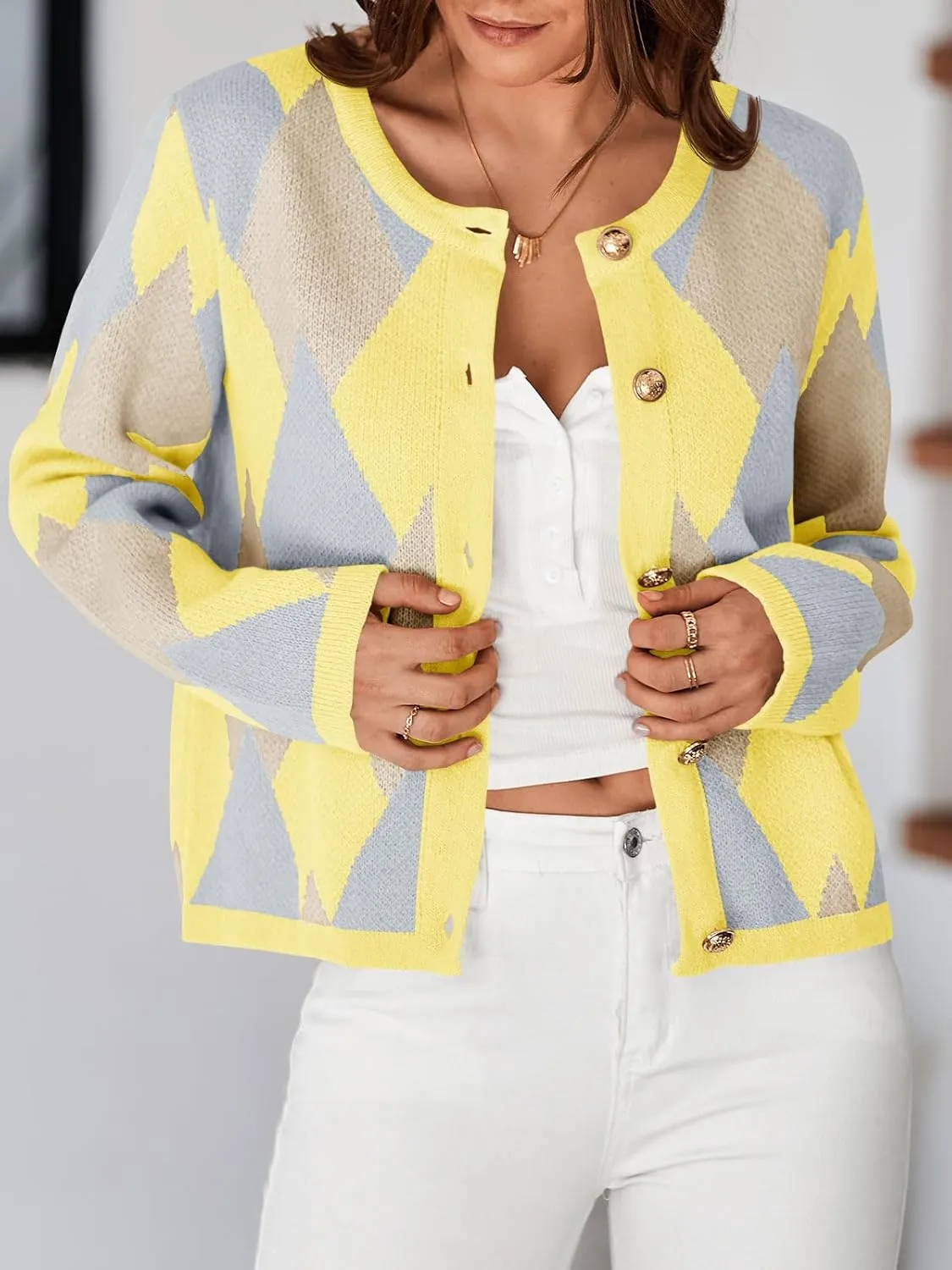 Saodimallsu Womens Color Block Cardigan Button Down Crewneck 2024 Fall Trendy Open Front Long Sleeve Sweater Jacket