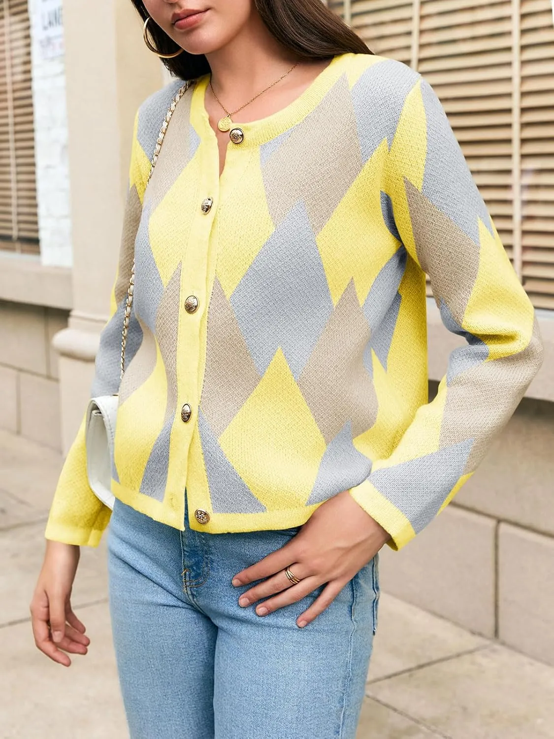 Saodimallsu Womens Color Block Cardigan Button Down Crewneck 2024 Fall Trendy Open Front Long Sleeve Sweater Jacket