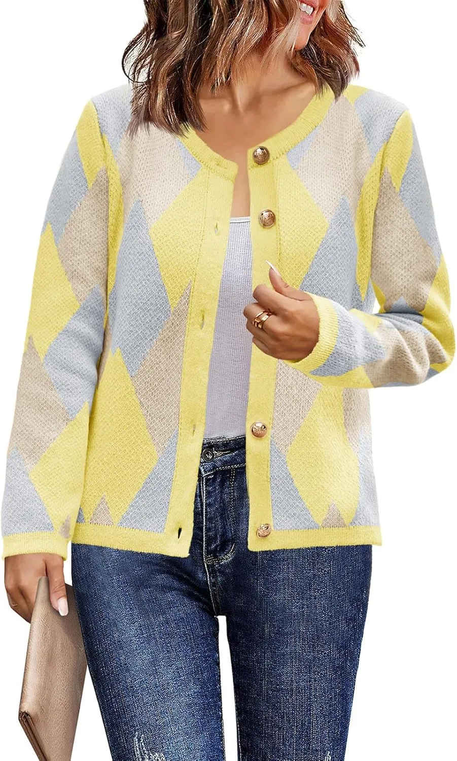 Saodimallsu Womens Color Block Cardigan Button Down Crewneck 2024 Fall Trendy Open Front Long Sleeve Sweater Jacket
