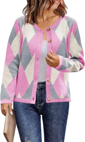 Saodimallsu Womens Color Block Cardigan Button Down Crewneck 2024 Fall Trendy Open Front Long Sleeve Sweater Jacket