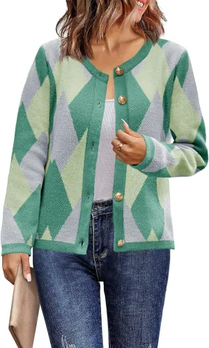 Saodimallsu Womens Color Block Cardigan Button Down Crewneck 2024 Fall Trendy Open Front Long Sleeve Sweater Jacket