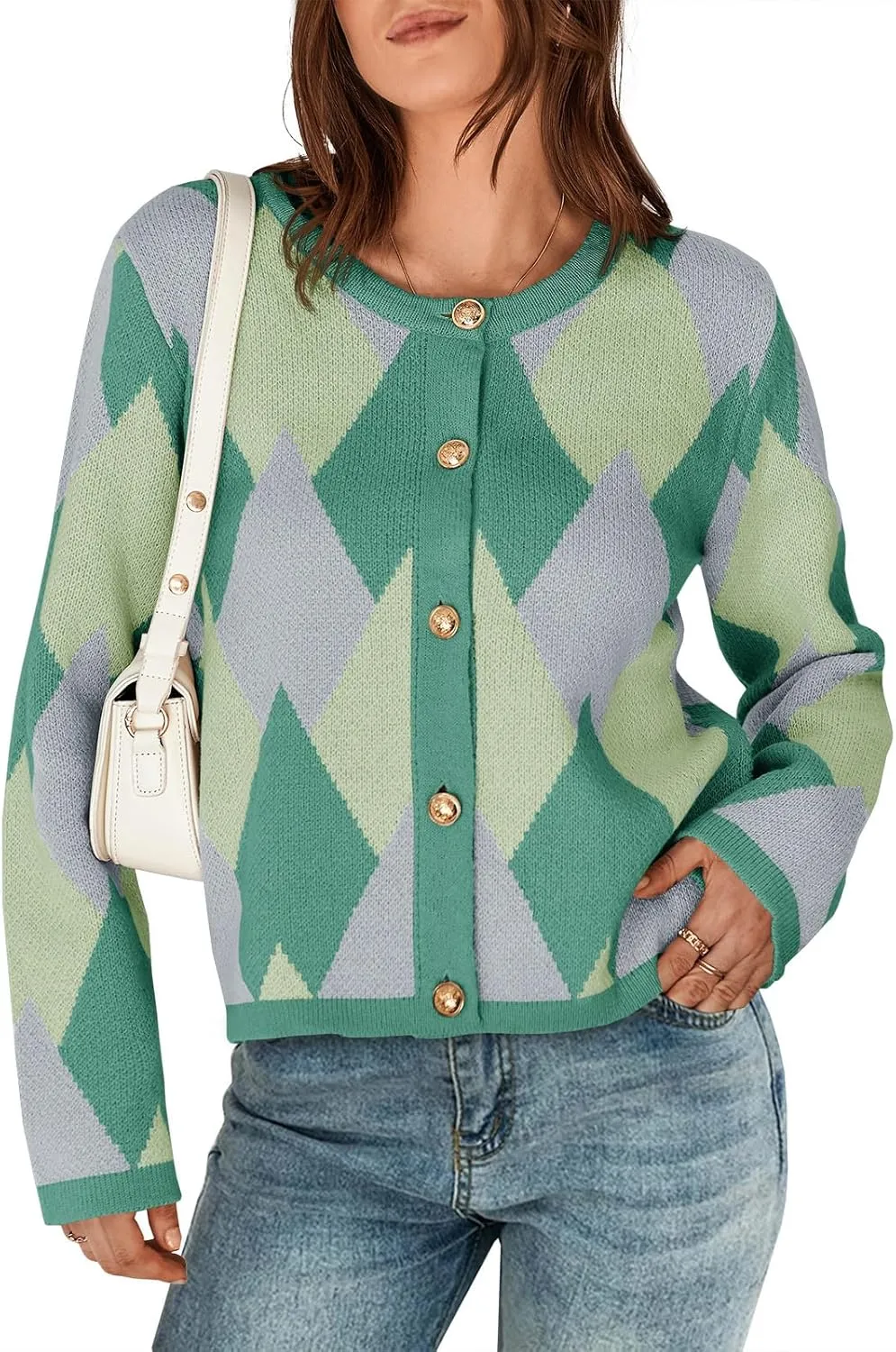 Saodimallsu Womens Color Block Cardigan Button Down Crewneck 2024 Fall Trendy Open Front Long Sleeve Sweater Jacket