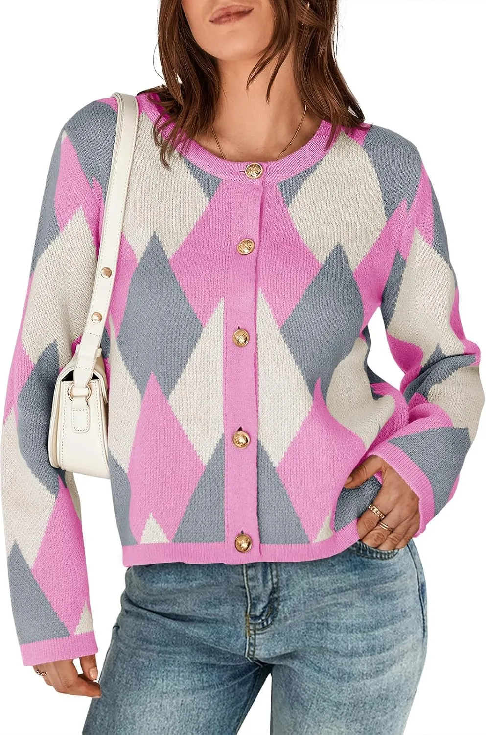 Saodimallsu Womens Color Block Cardigan Button Down Crewneck 2024 Fall Trendy Open Front Long Sleeve Sweater Jacket