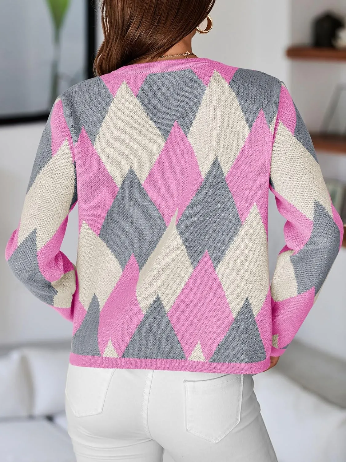 Saodimallsu Womens Color Block Cardigan Button Down Crewneck 2024 Fall Trendy Open Front Long Sleeve Sweater Jacket