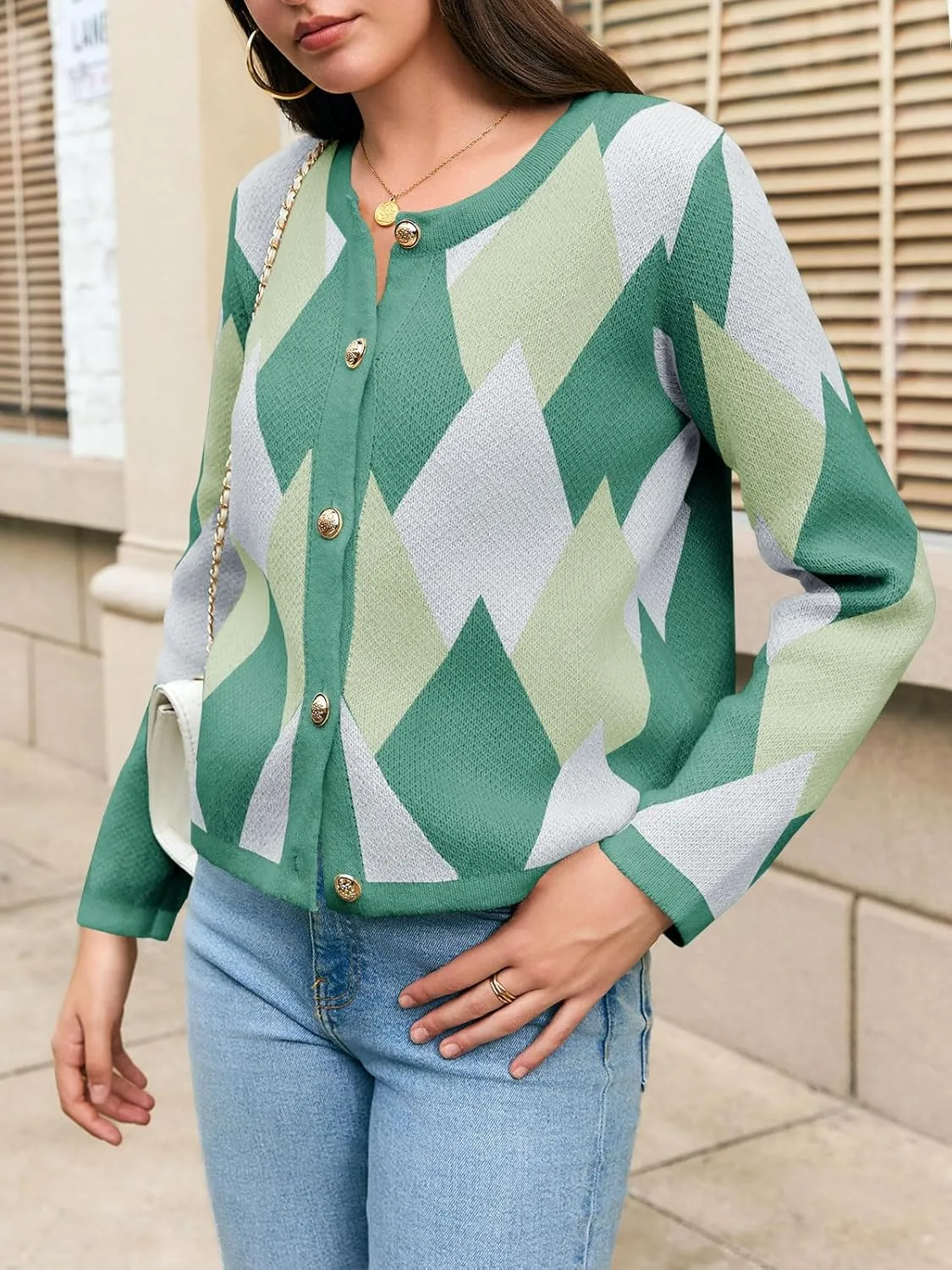 Saodimallsu Womens Color Block Cardigan Button Down Crewneck 2024 Fall Trendy Open Front Long Sleeve Sweater Jacket