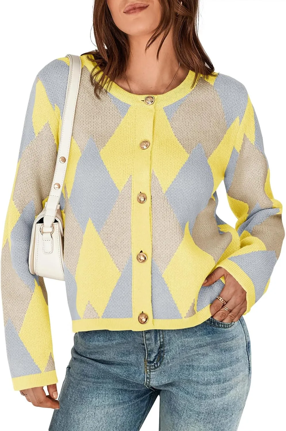 Saodimallsu Womens Color Block Cardigan Button Down Crewneck 2024 Fall Trendy Open Front Long Sleeve Sweater Jacket