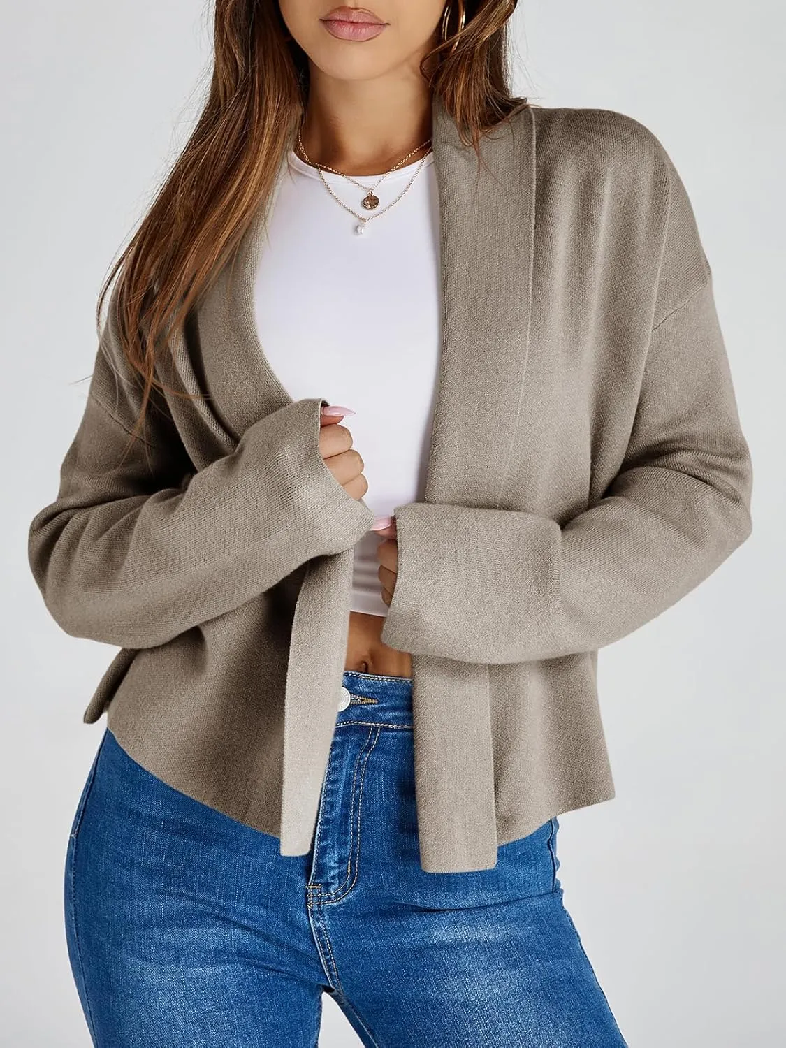 Saodimallsu Womens Cropped Cardigan Open Front Shawl 2024 Fall Trendy Long Sleeve Sweater Jacket