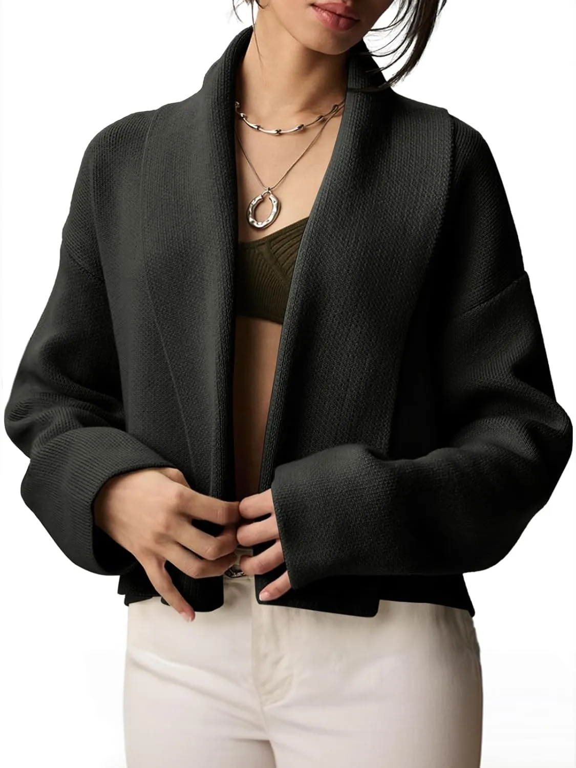 Saodimallsu Womens Cropped Cardigan Open Front Shawl 2024 Fall Trendy Long Sleeve Sweater Jacket