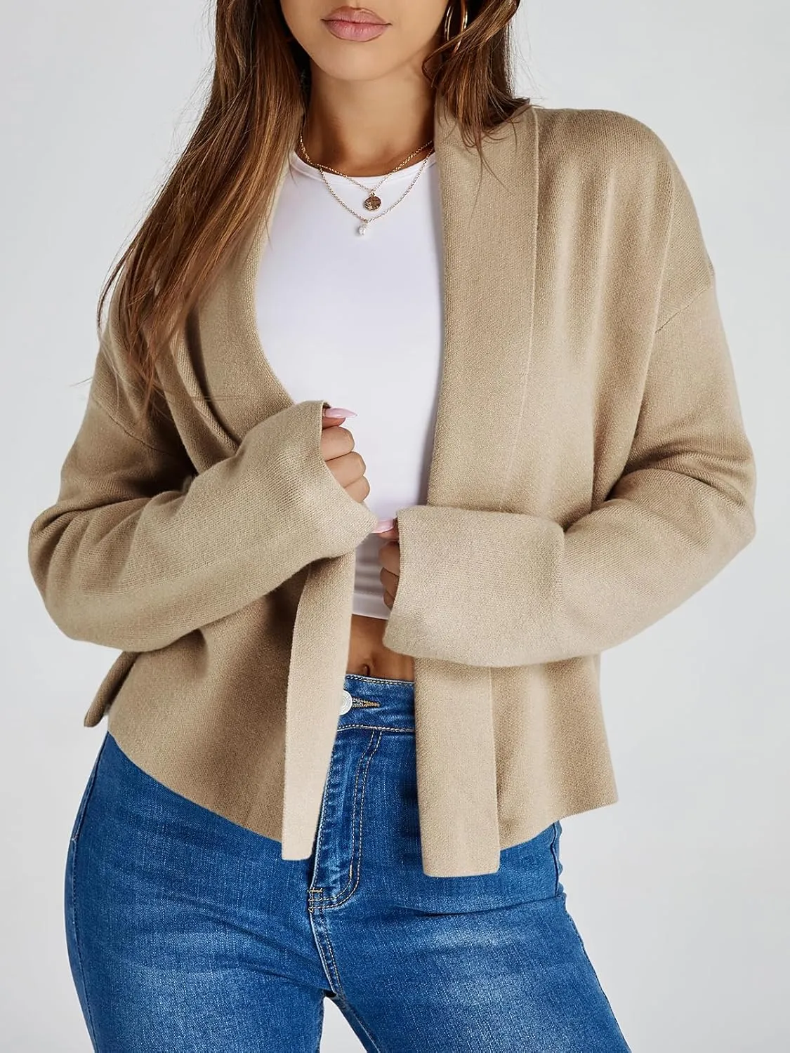 Saodimallsu Womens Cropped Cardigan Open Front Shawl 2024 Fall Trendy Long Sleeve Sweater Jacket