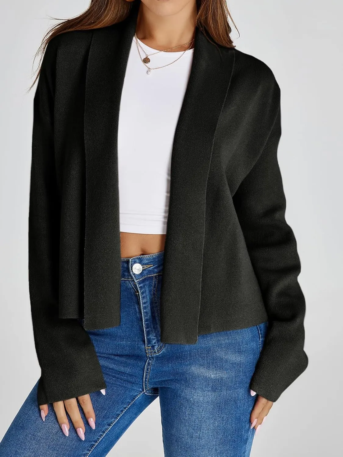 Saodimallsu Womens Cropped Cardigan Open Front Shawl 2024 Fall Trendy Long Sleeve Sweater Jacket