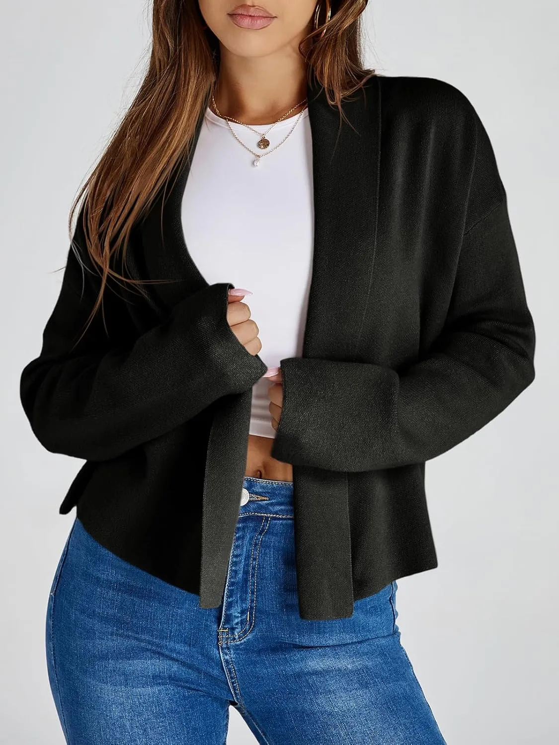 Saodimallsu Womens Cropped Cardigan Open Front Shawl 2024 Fall Trendy Long Sleeve Sweater Jacket