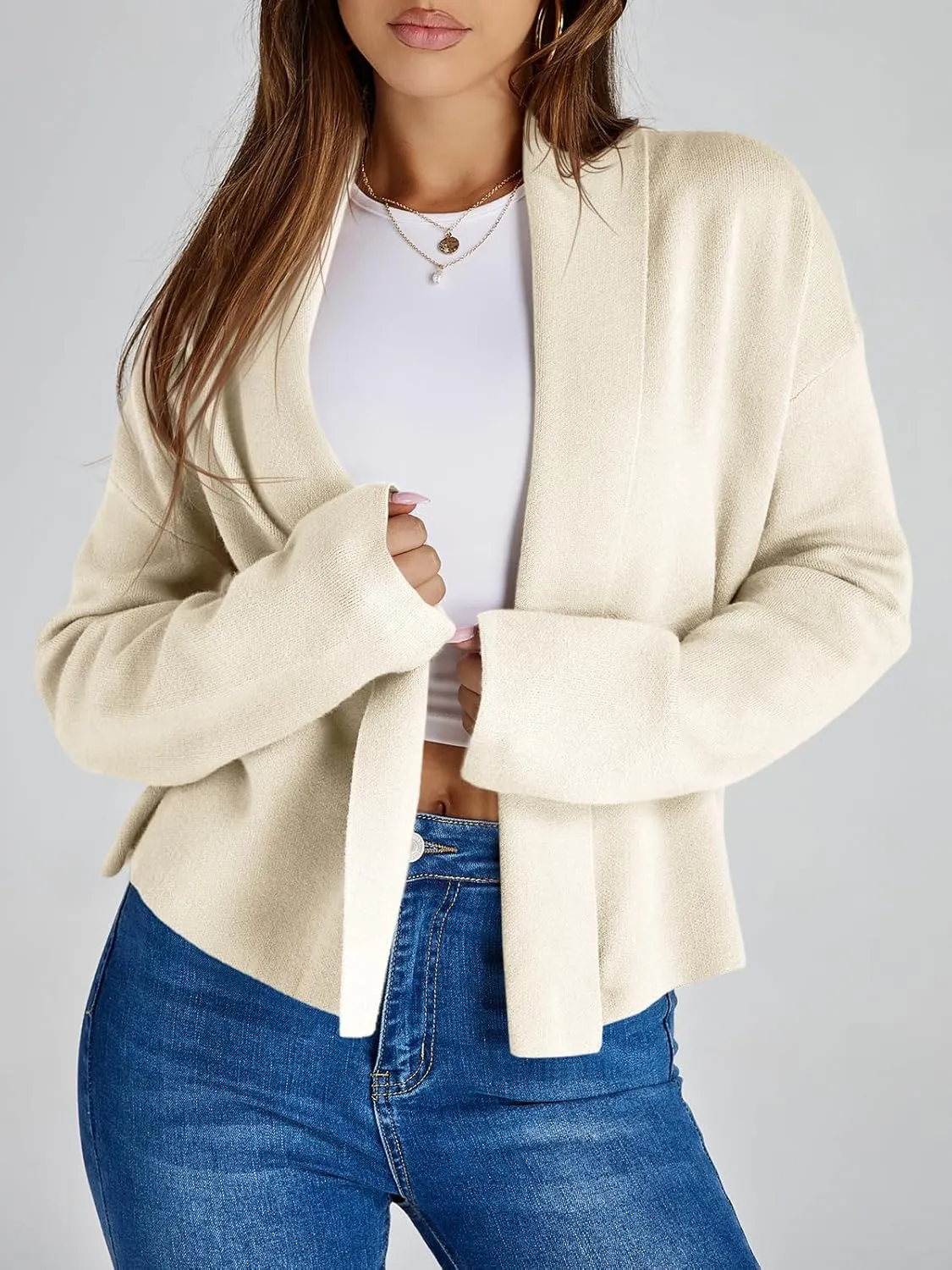 Saodimallsu Womens Cropped Cardigan Open Front Shawl 2024 Fall Trendy Long Sleeve Sweater Jacket