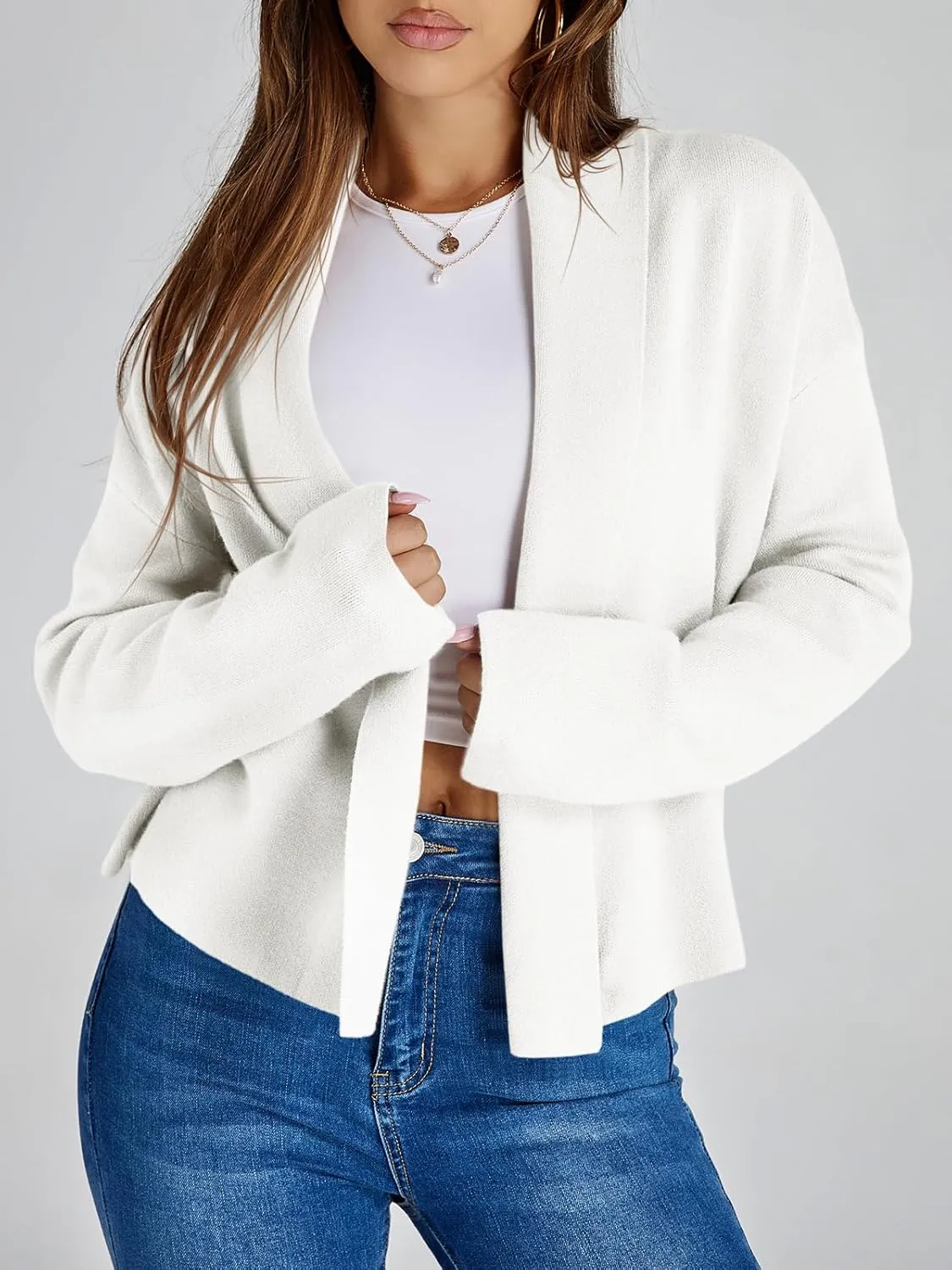 Saodimallsu Womens Cropped Cardigan Open Front Shawl 2024 Fall Trendy Long Sleeve Sweater Jacket