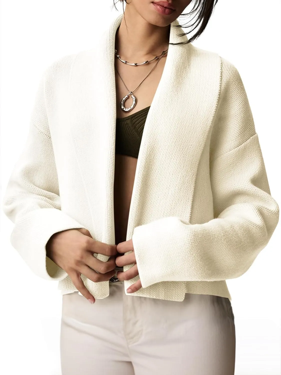 Saodimallsu Womens Cropped Cardigan Open Front Shawl 2024 Fall Trendy Long Sleeve Sweater Jacket