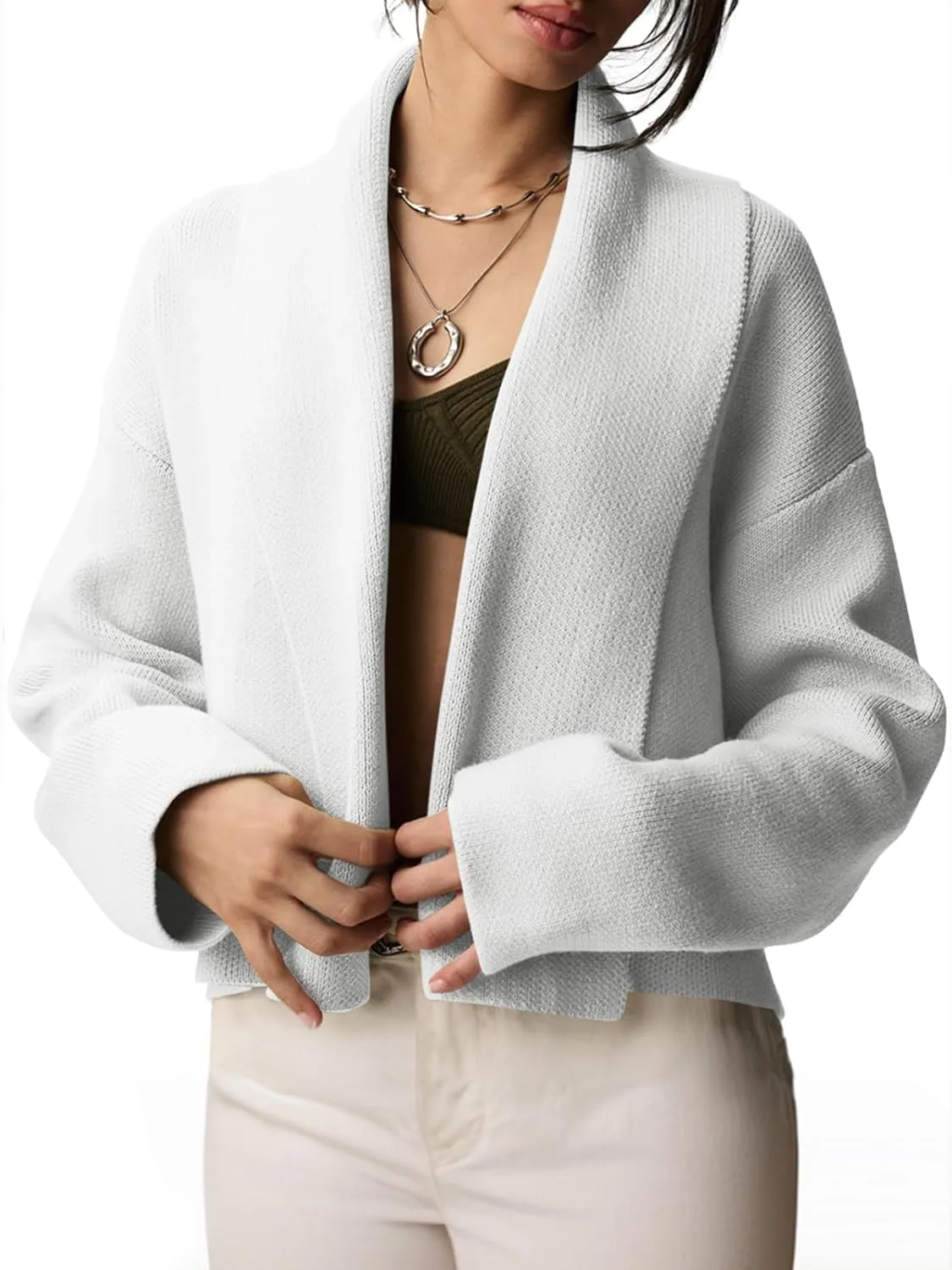 Saodimallsu Womens Cropped Cardigan Open Front Shawl 2024 Fall Trendy Long Sleeve Sweater Jacket