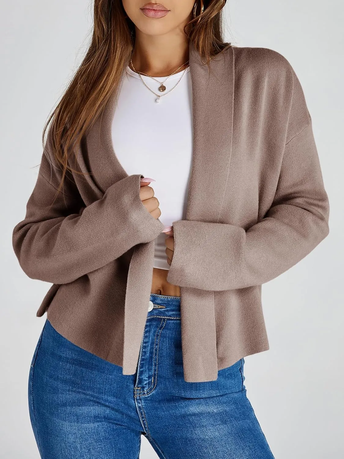 Saodimallsu Womens Cropped Cardigan Open Front Shawl 2024 Fall Trendy Long Sleeve Sweater Jacket