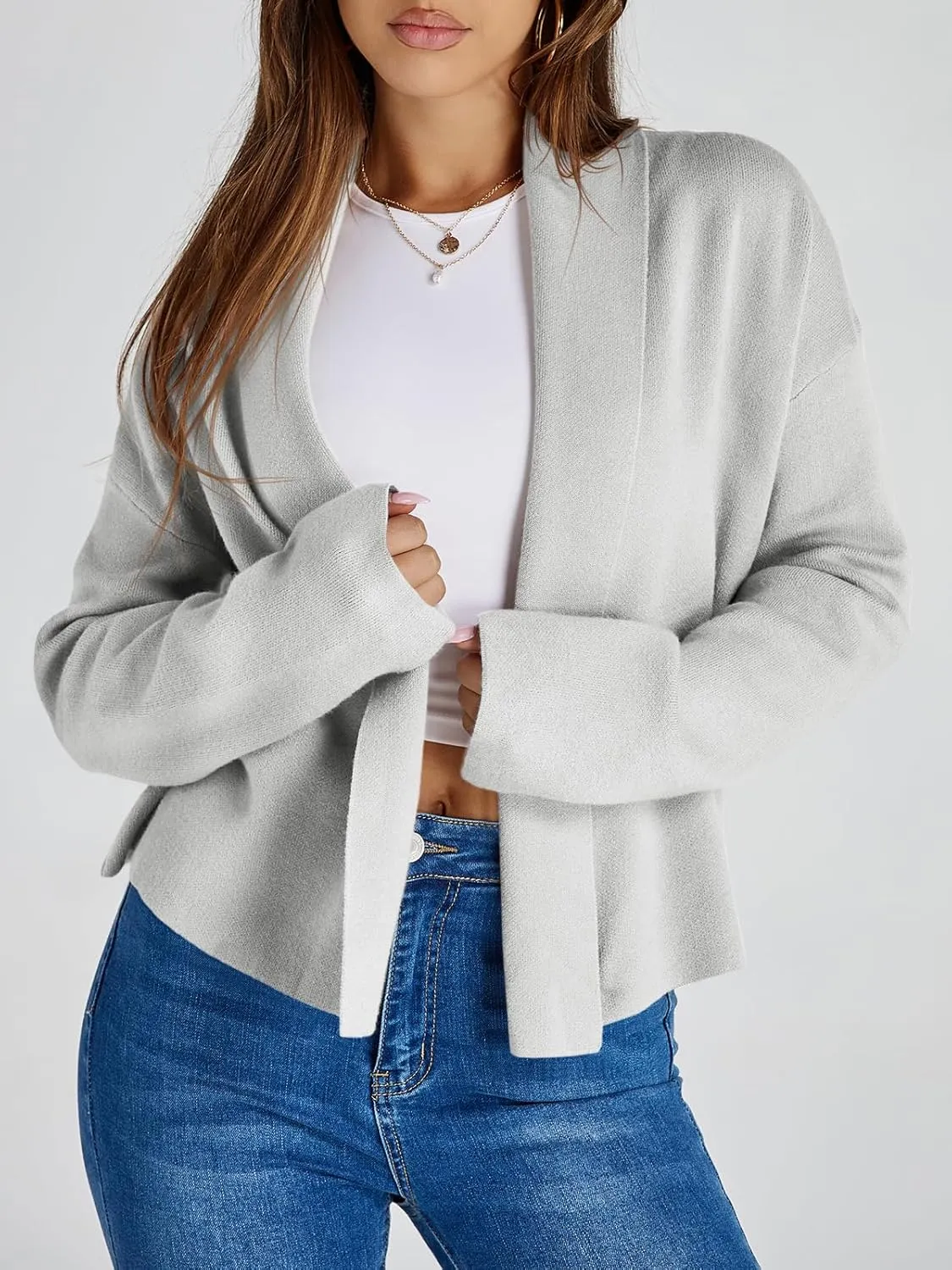 Saodimallsu Womens Cropped Cardigan Open Front Shawl 2024 Fall Trendy Long Sleeve Sweater Jacket