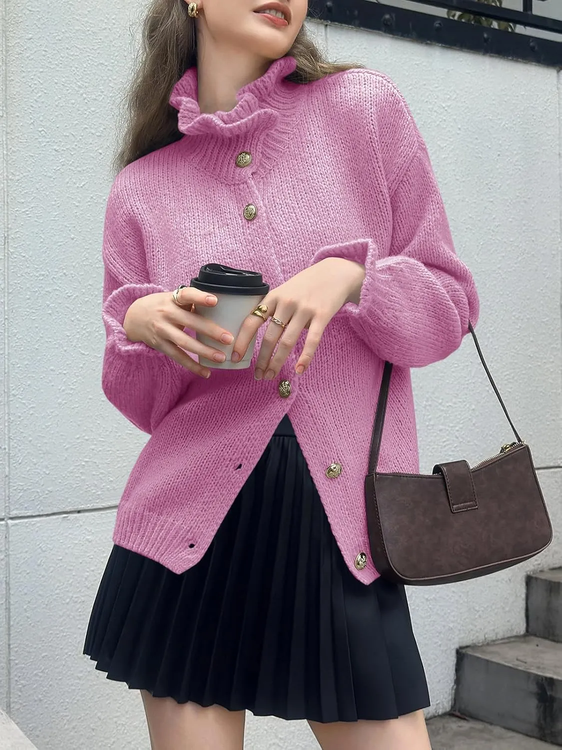 Saodimallsu Womens Ruffle Cardigan Oversized Button Up Fall Trendy Ribbed Knit Open Front Long Sleeve Loose Cute Sweater