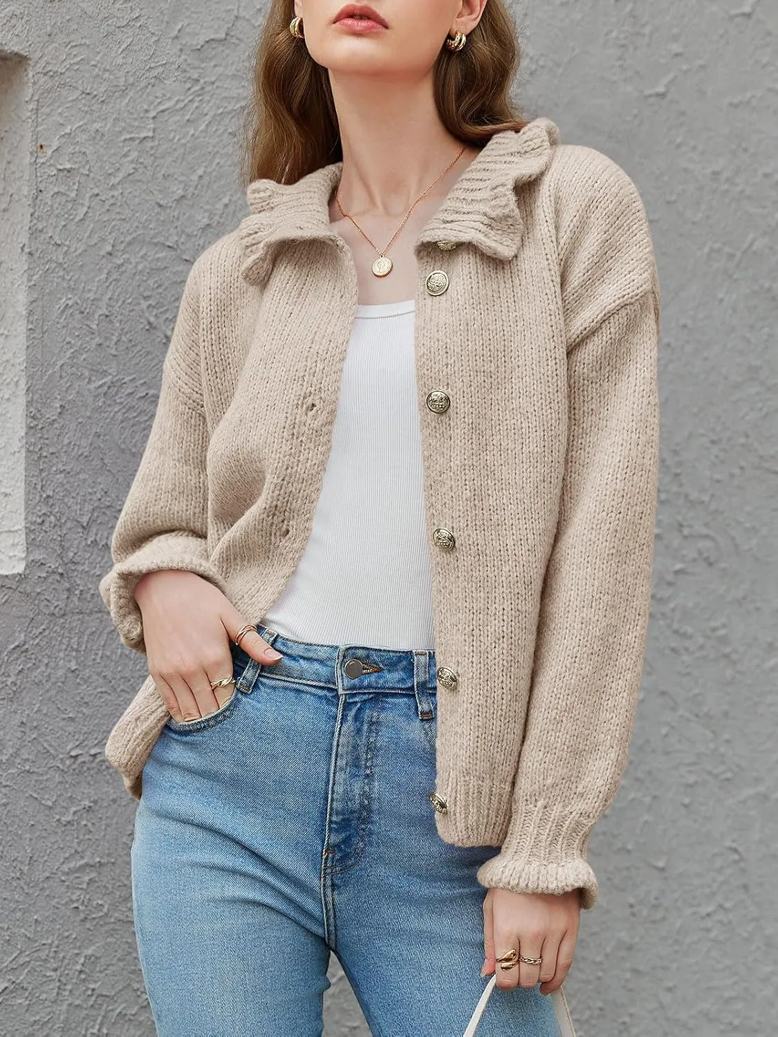 Saodimallsu Womens Ruffle Cardigan Oversized Button Up Fall Trendy Ribbed Knit Open Front Long Sleeve Loose Cute Sweater