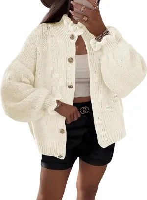 Saodimallsu Womens Ruffle Cardigan Oversized Button Up Fall Trendy Ribbed Knit Open Front Long Sleeve Loose Cute Sweater