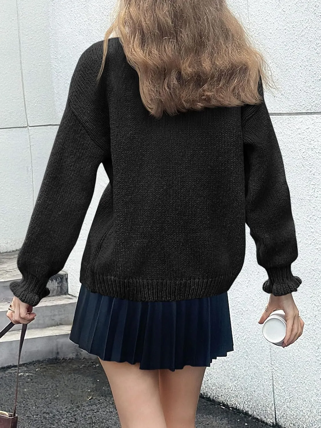 Saodimallsu Womens Ruffle Cardigan Oversized Button Up Fall Trendy Ribbed Knit Open Front Long Sleeve Loose Cute Sweater