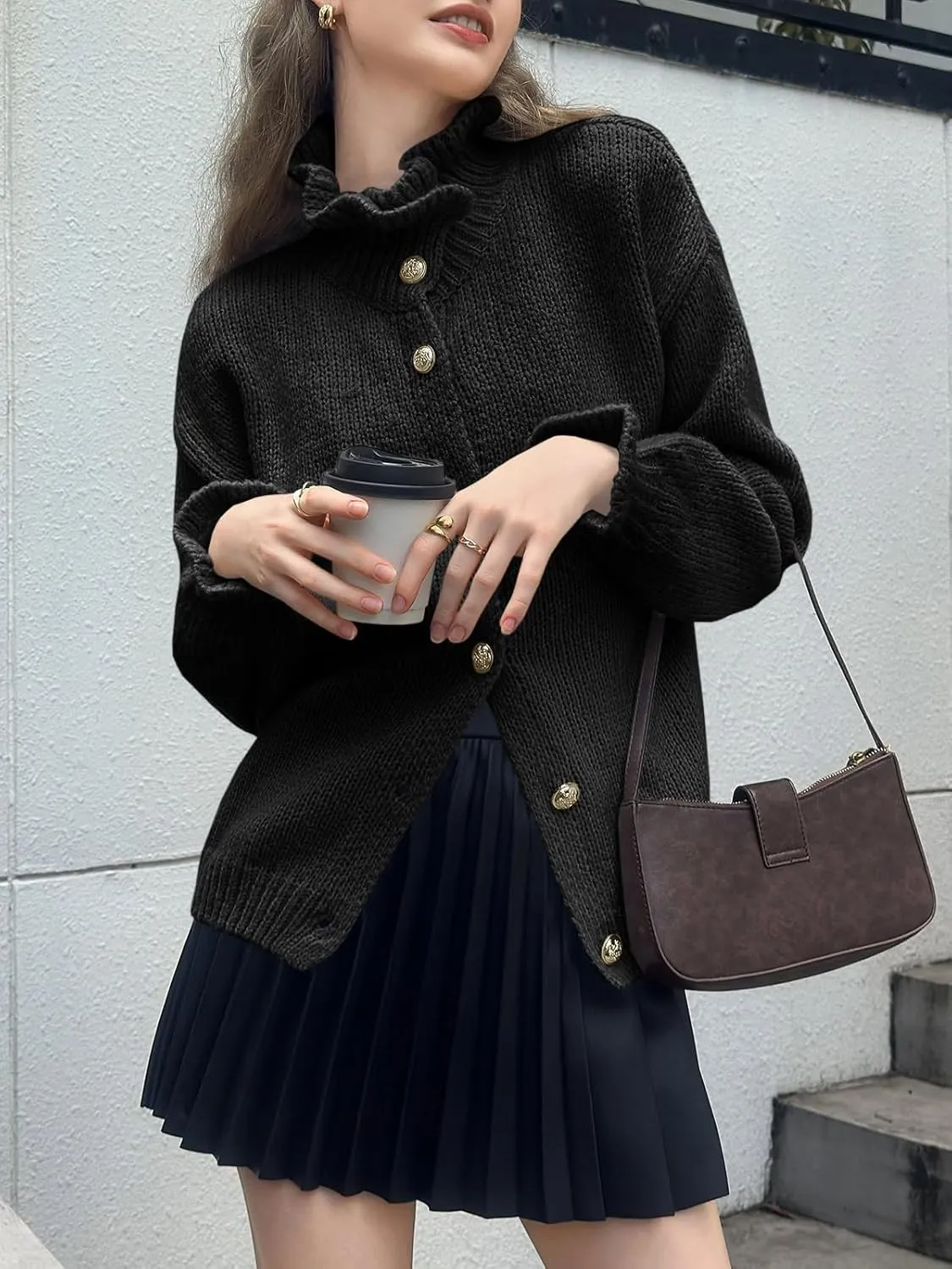 Saodimallsu Womens Ruffle Cardigan Oversized Button Up Fall Trendy Ribbed Knit Open Front Long Sleeve Loose Cute Sweater