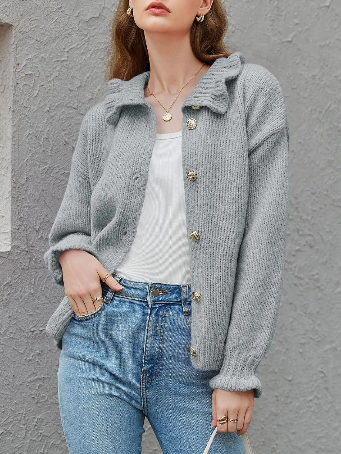 Saodimallsu Womens Ruffle Cardigan Oversized Button Up Fall Trendy Ribbed Knit Open Front Long Sleeve Loose Cute Sweater