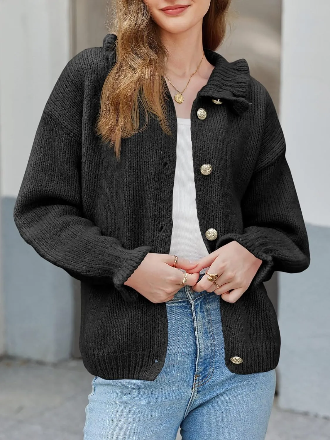 Saodimallsu Womens Ruffle Cardigan Oversized Button Up Fall Trendy Ribbed Knit Open Front Long Sleeve Loose Cute Sweater