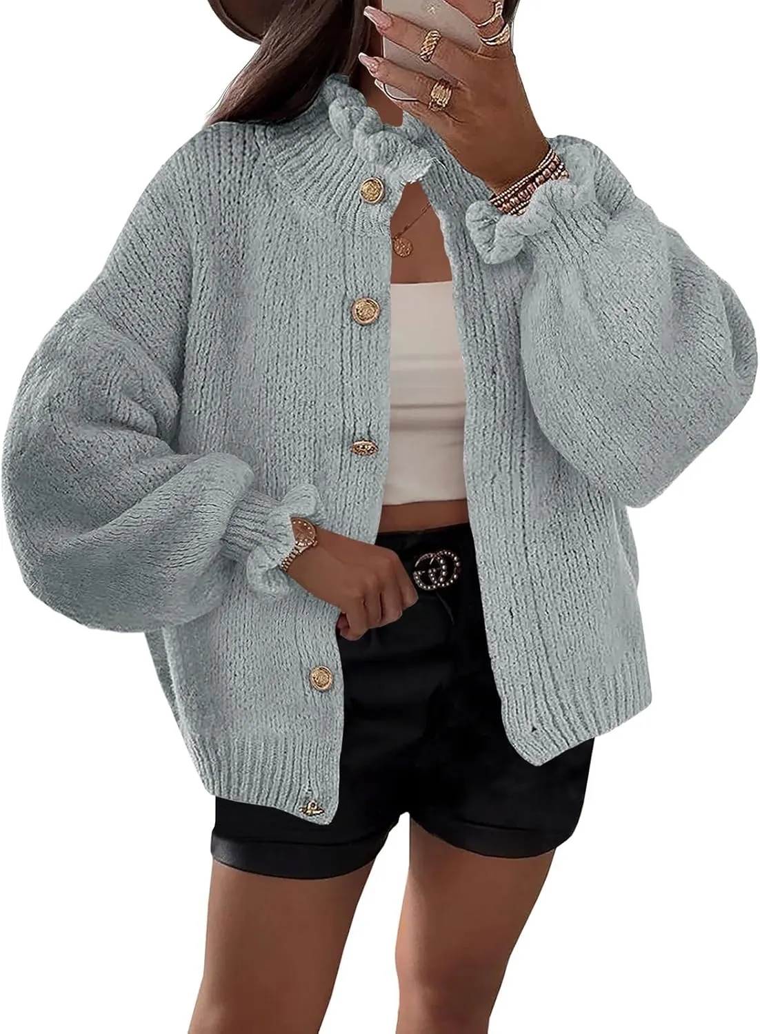 Saodimallsu Womens Ruffle Cardigan Oversized Button Up Fall Trendy Ribbed Knit Open Front Long Sleeve Loose Cute Sweater
