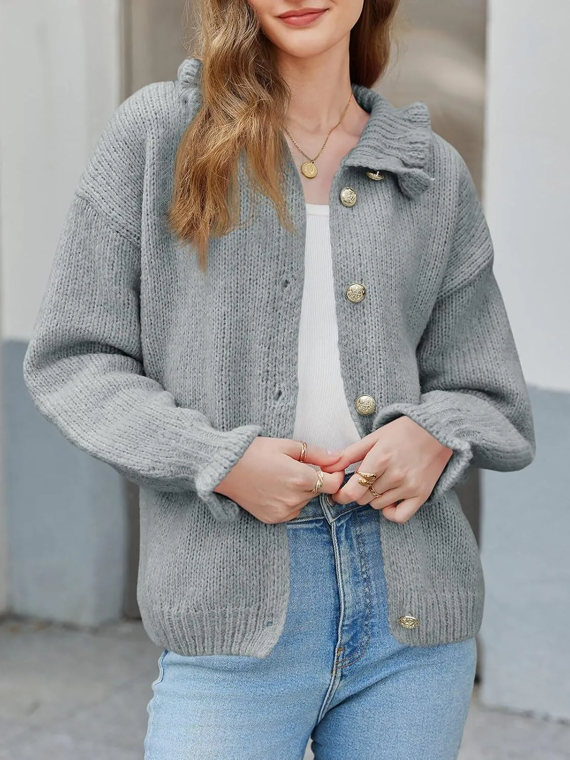 Saodimallsu Womens Ruffle Cardigan Oversized Button Up Fall Trendy Ribbed Knit Open Front Long Sleeve Loose Cute Sweater