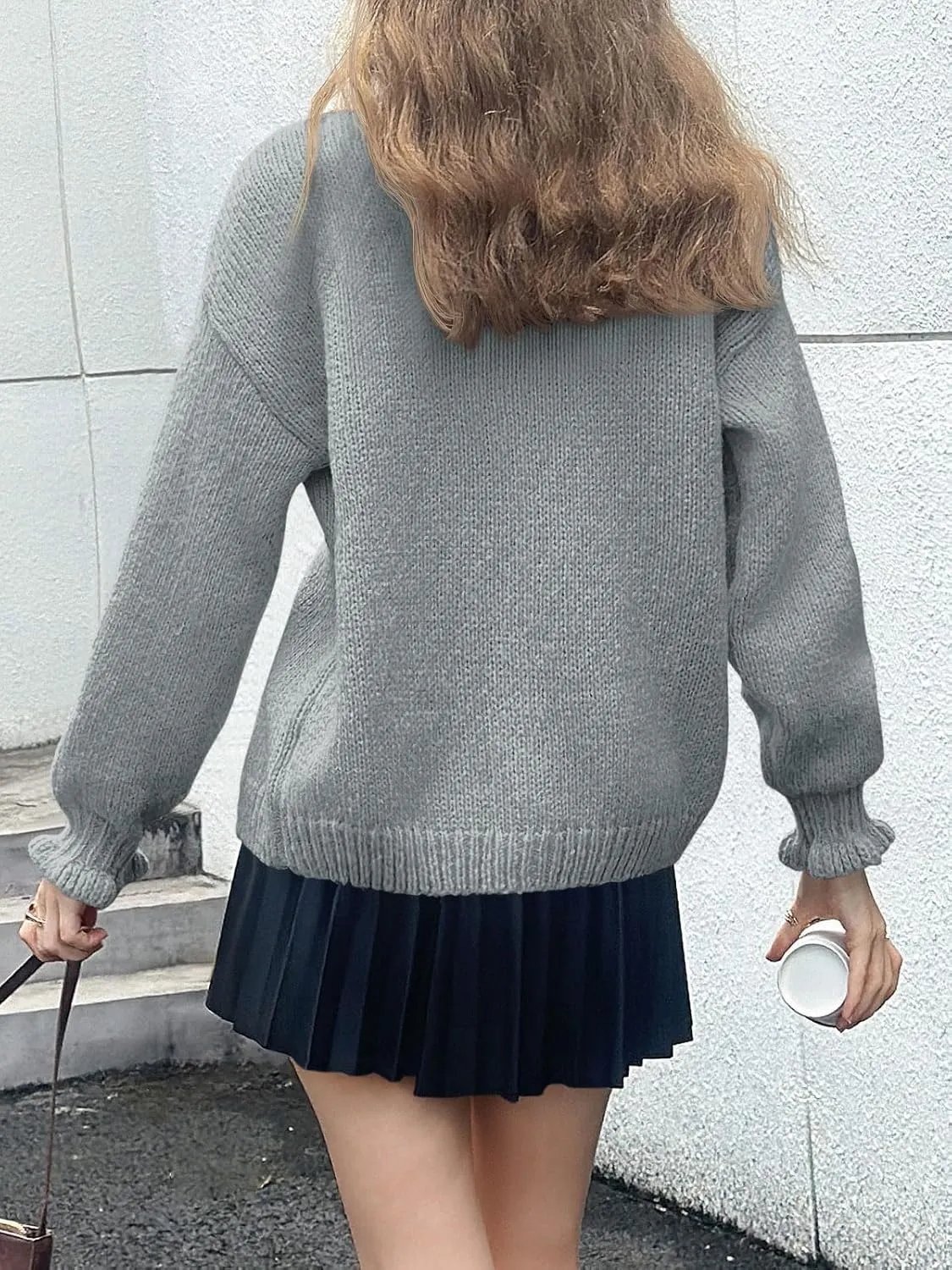 Saodimallsu Womens Ruffle Cardigan Oversized Button Up Fall Trendy Ribbed Knit Open Front Long Sleeve Loose Cute Sweater