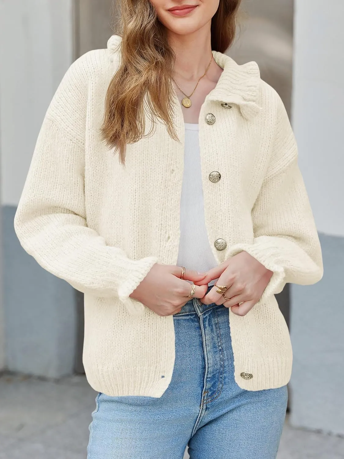 Saodimallsu Womens Ruffle Cardigan Oversized Button Up Fall Trendy Ribbed Knit Open Front Long Sleeve Loose Cute Sweater