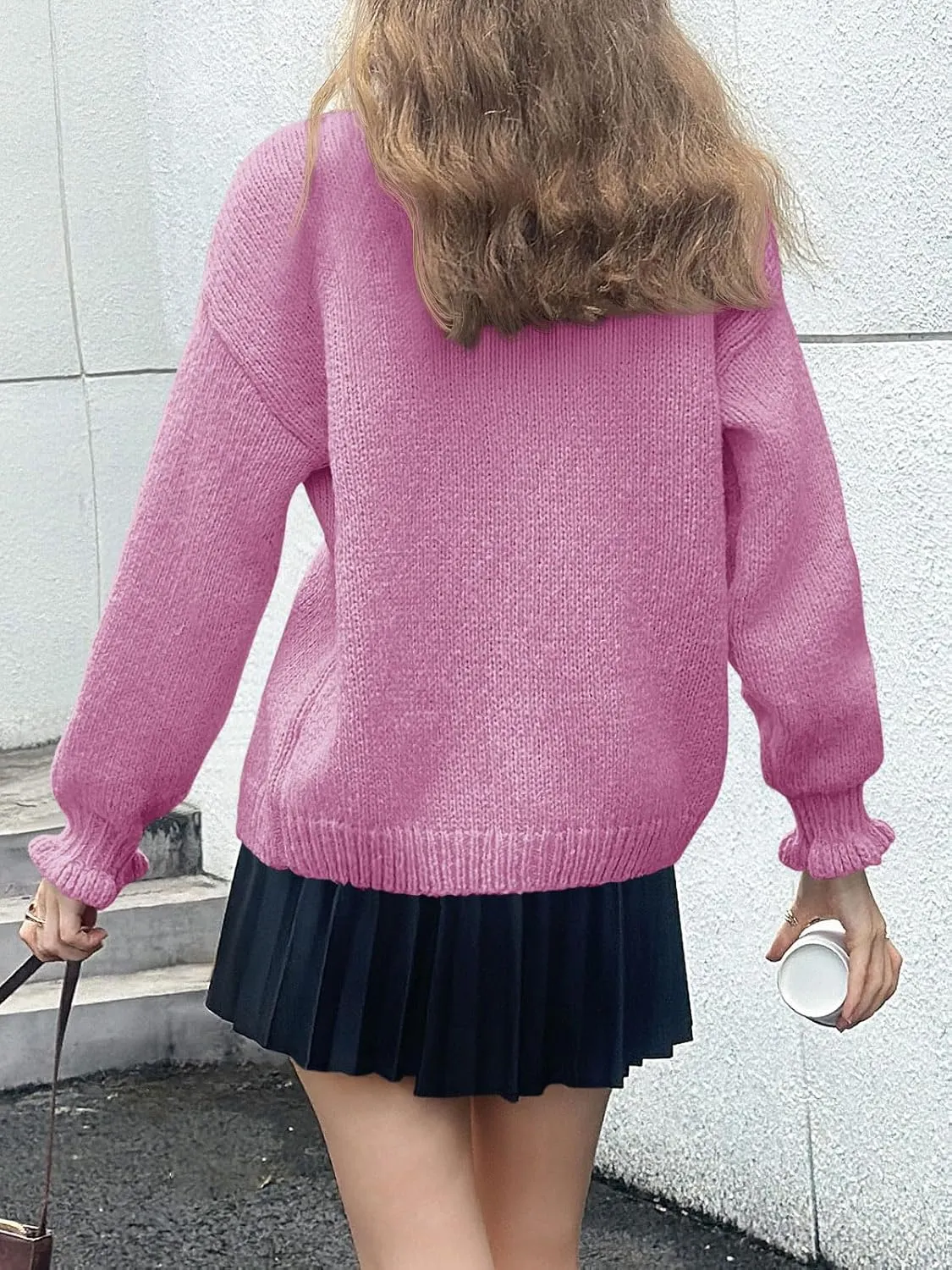 Saodimallsu Womens Ruffle Cardigan Oversized Button Up Fall Trendy Ribbed Knit Open Front Long Sleeve Loose Cute Sweater