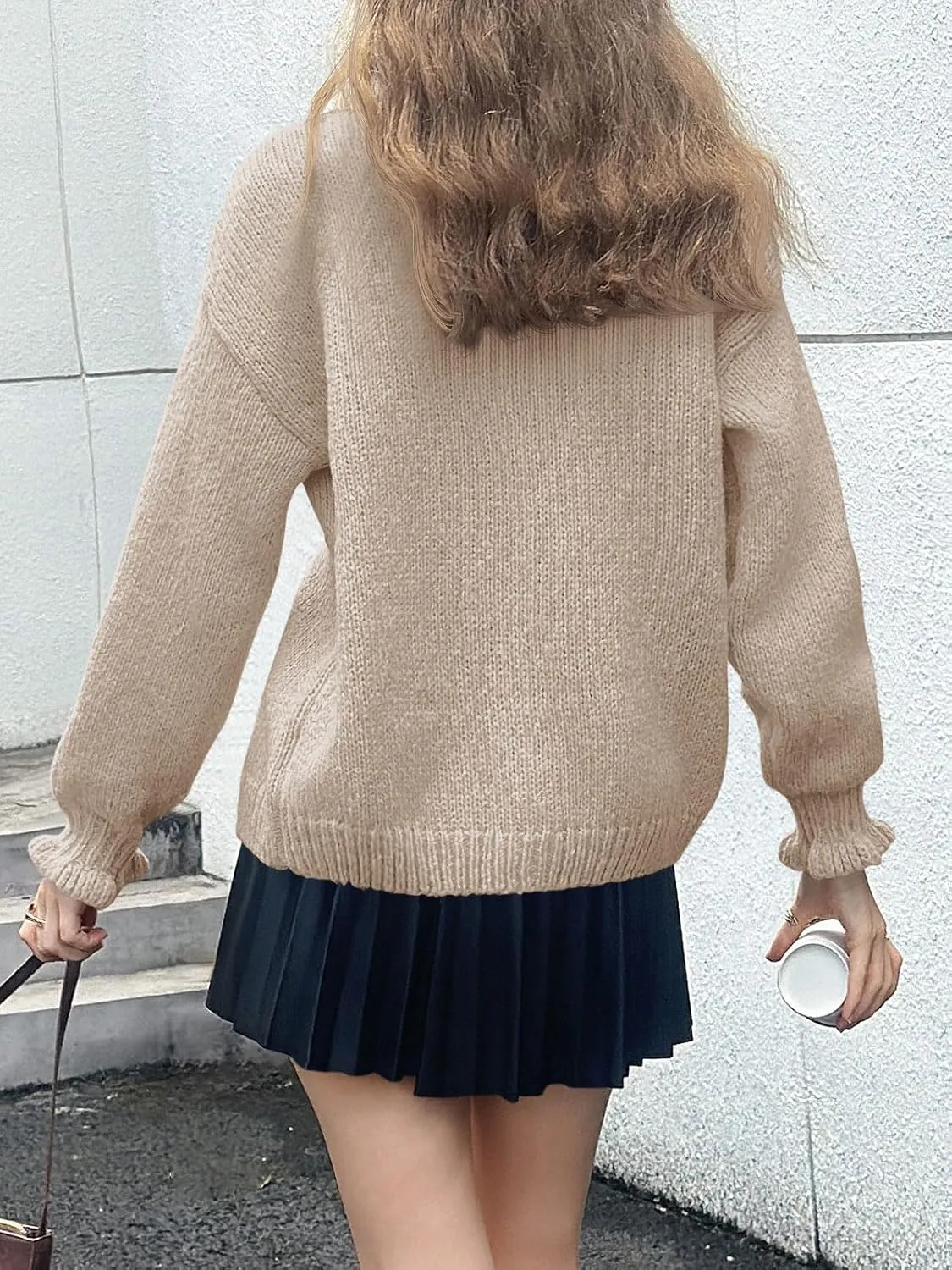 Saodimallsu Womens Ruffle Cardigan Oversized Button Up Fall Trendy Ribbed Knit Open Front Long Sleeve Loose Cute Sweater