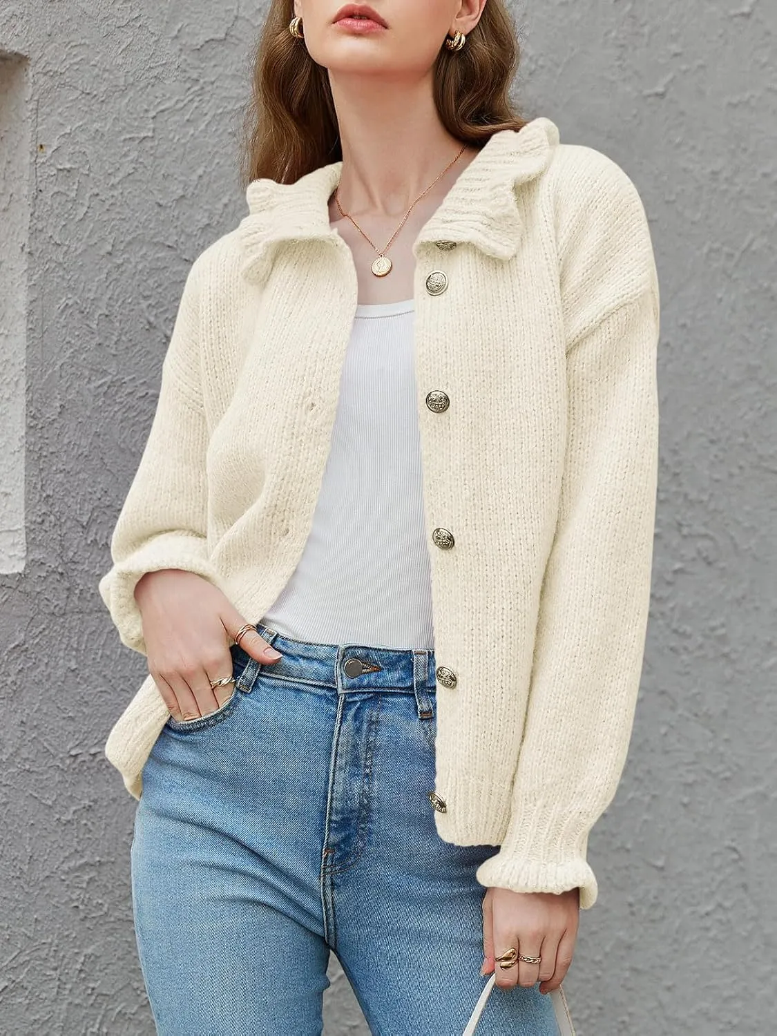 Saodimallsu Womens Ruffle Cardigan Oversized Button Up Fall Trendy Ribbed Knit Open Front Long Sleeve Loose Cute Sweater