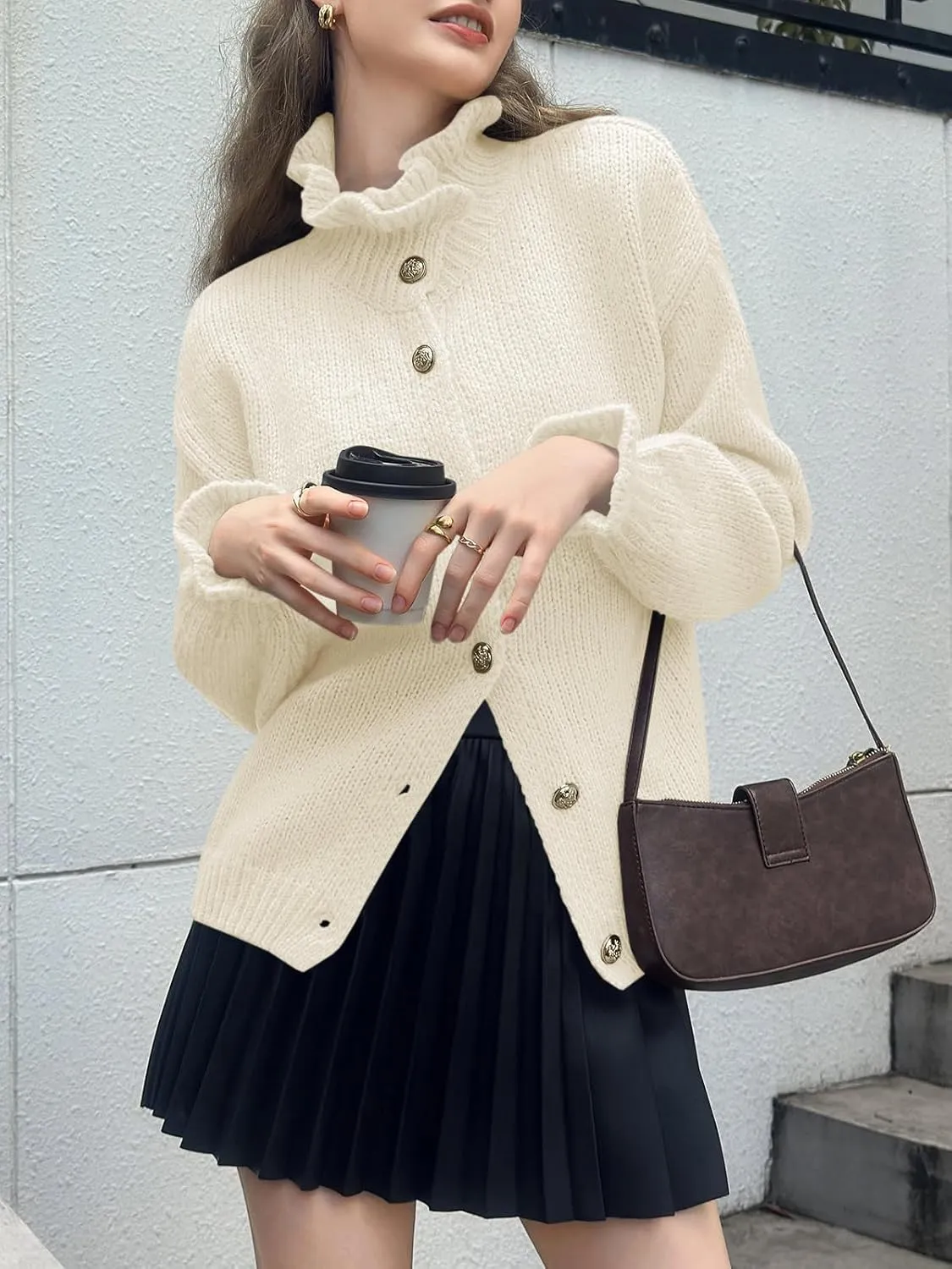 Saodimallsu Womens Ruffle Cardigan Oversized Button Up Fall Trendy Ribbed Knit Open Front Long Sleeve Loose Cute Sweater
