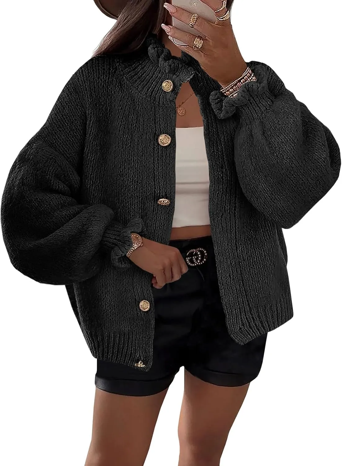 Saodimallsu Womens Ruffle Cardigan Oversized Button Up Fall Trendy Ribbed Knit Open Front Long Sleeve Loose Cute Sweater