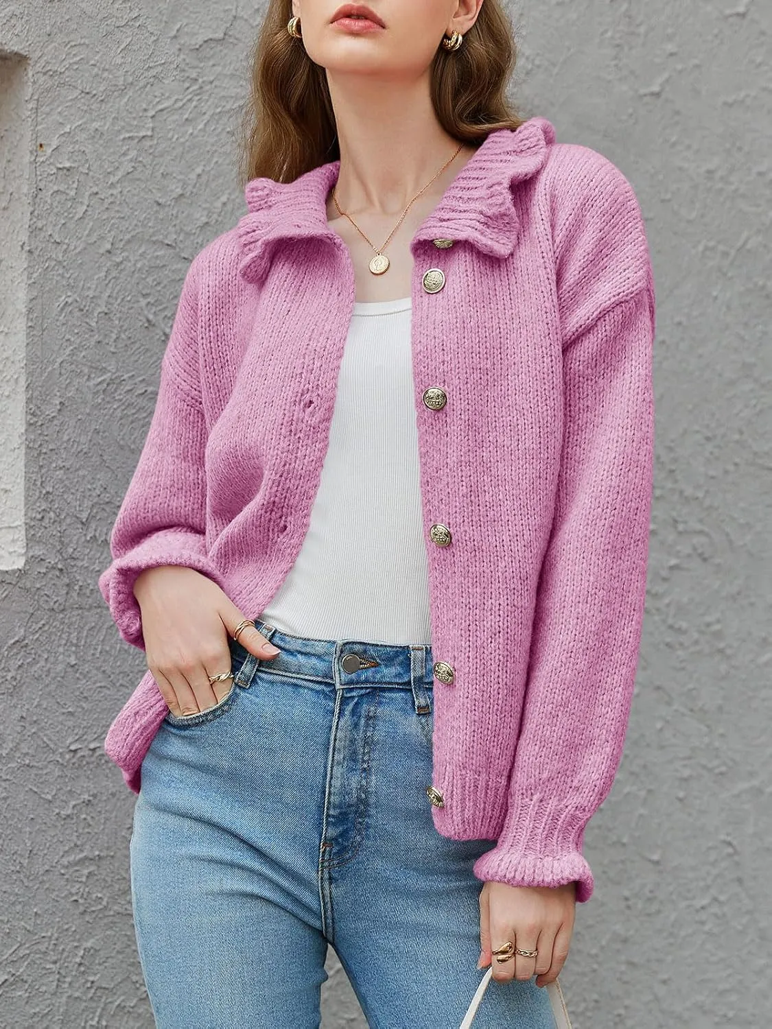 Saodimallsu Womens Ruffle Cardigan Oversized Button Up Fall Trendy Ribbed Knit Open Front Long Sleeve Loose Cute Sweater