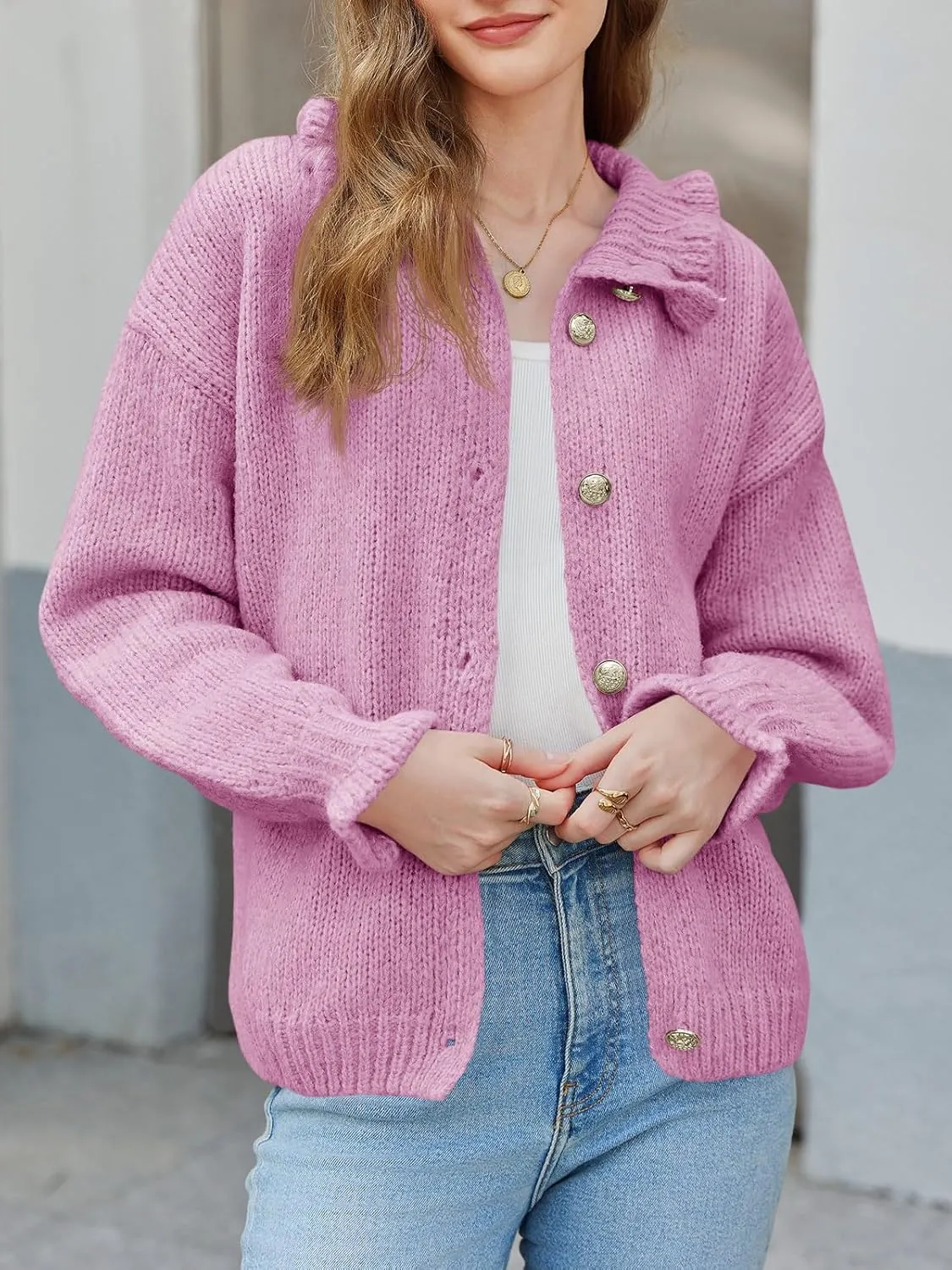 Saodimallsu Womens Ruffle Cardigan Oversized Button Up Fall Trendy Ribbed Knit Open Front Long Sleeve Loose Cute Sweater