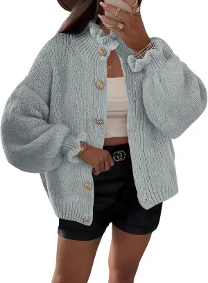 Saodimallsu Womens Ruffle Cardigan Oversized Button Up Fall Trendy Ribbed Knit Open Front Long Sleeve Loose Cute Sweater