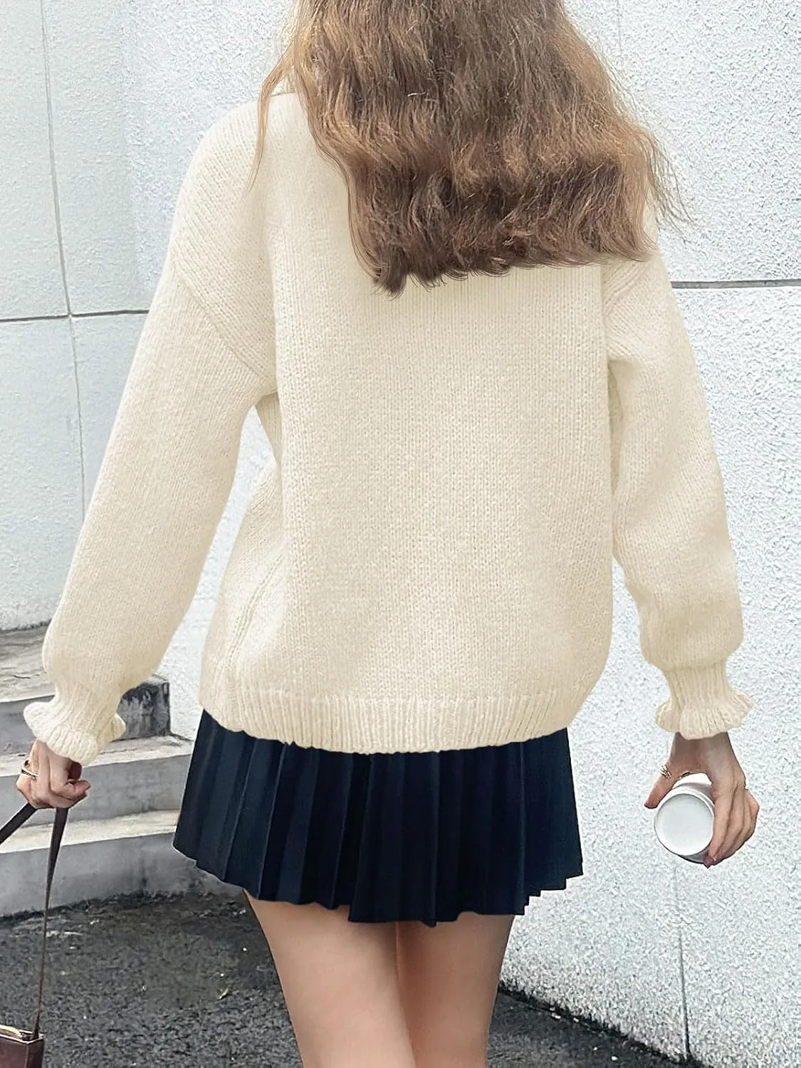 Saodimallsu Womens Ruffle Cardigan Oversized Button Up Fall Trendy Ribbed Knit Open Front Long Sleeve Loose Cute Sweater